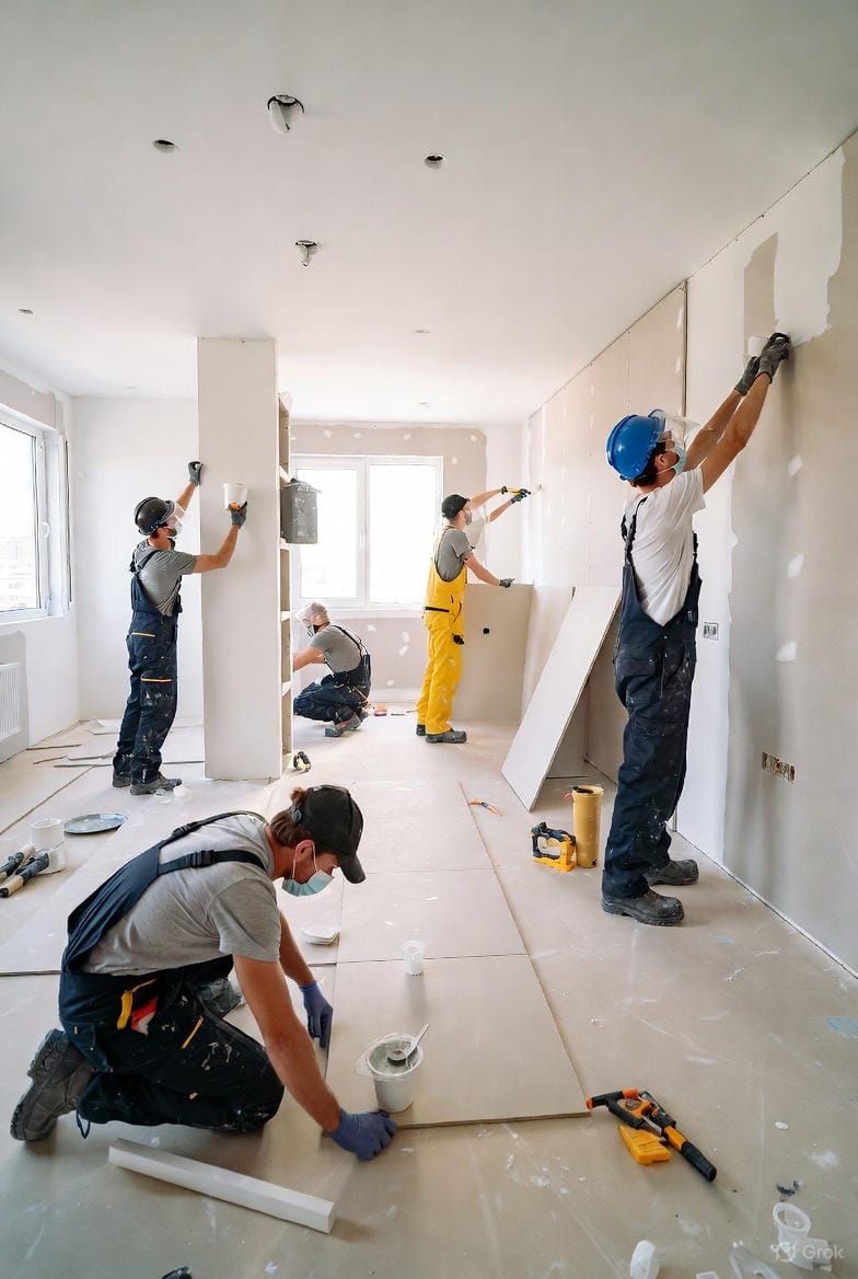 Workers applying wall plaster