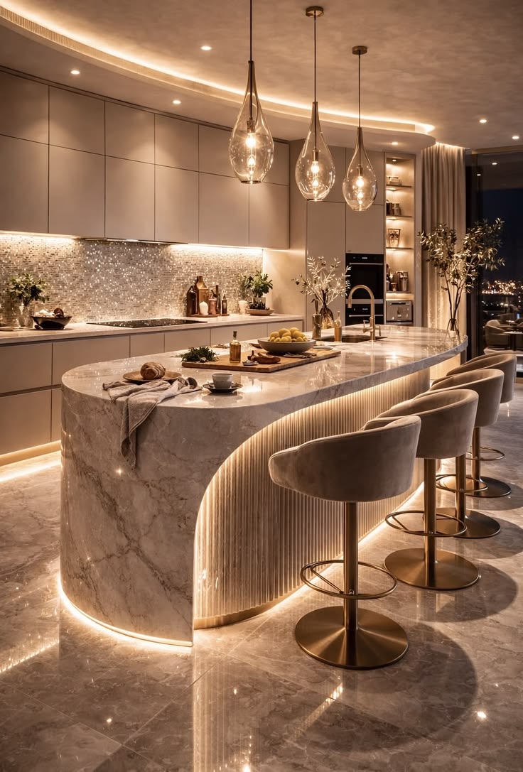 Premium Luxury Marble Island Modular Kitchen with LED Lighting