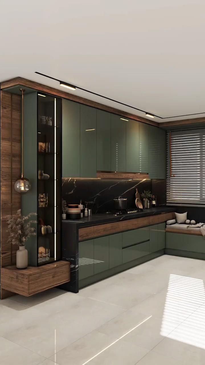 Premium Olive Green & Walnut Wood Modular Kitchen with LED Lighting