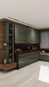 Premium Olive Green & Walnut Wood Modular Kitchen with LED Lighting