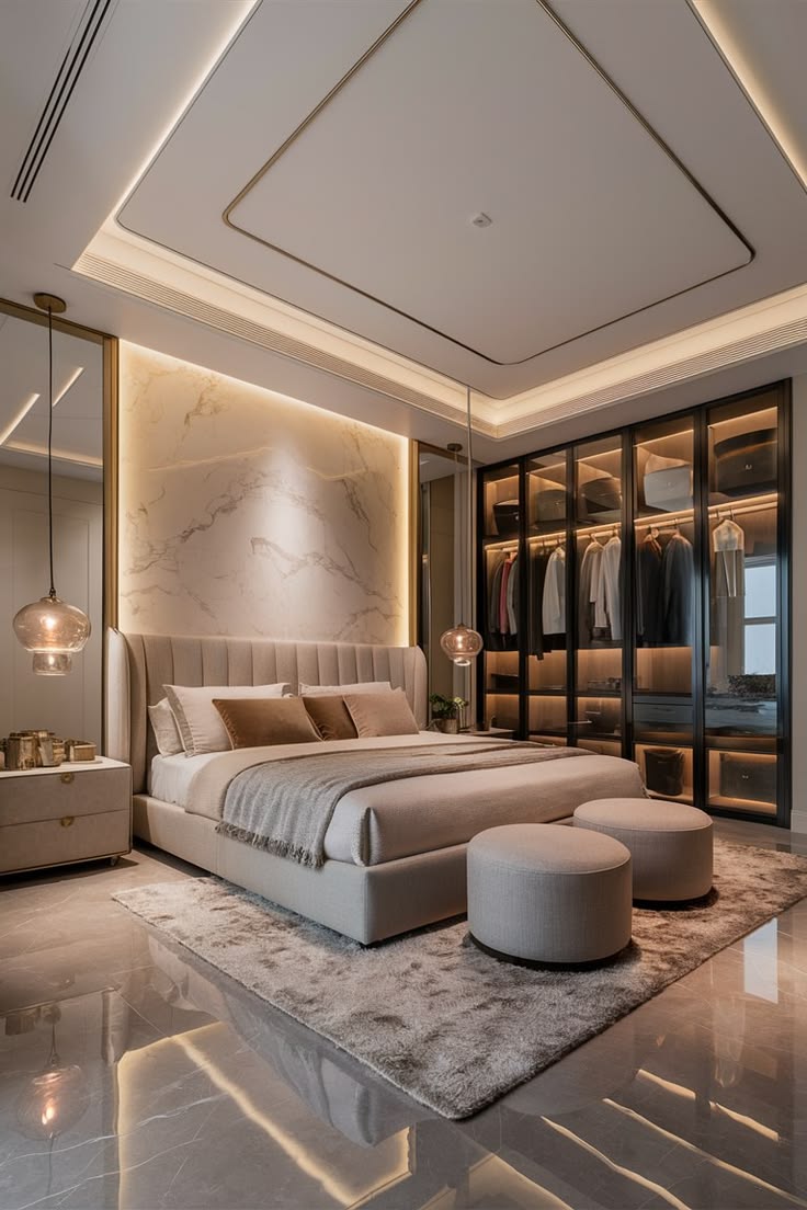 Premium Luxury Bedroom Interior Design with Walk-In Wardrobe Style Storage