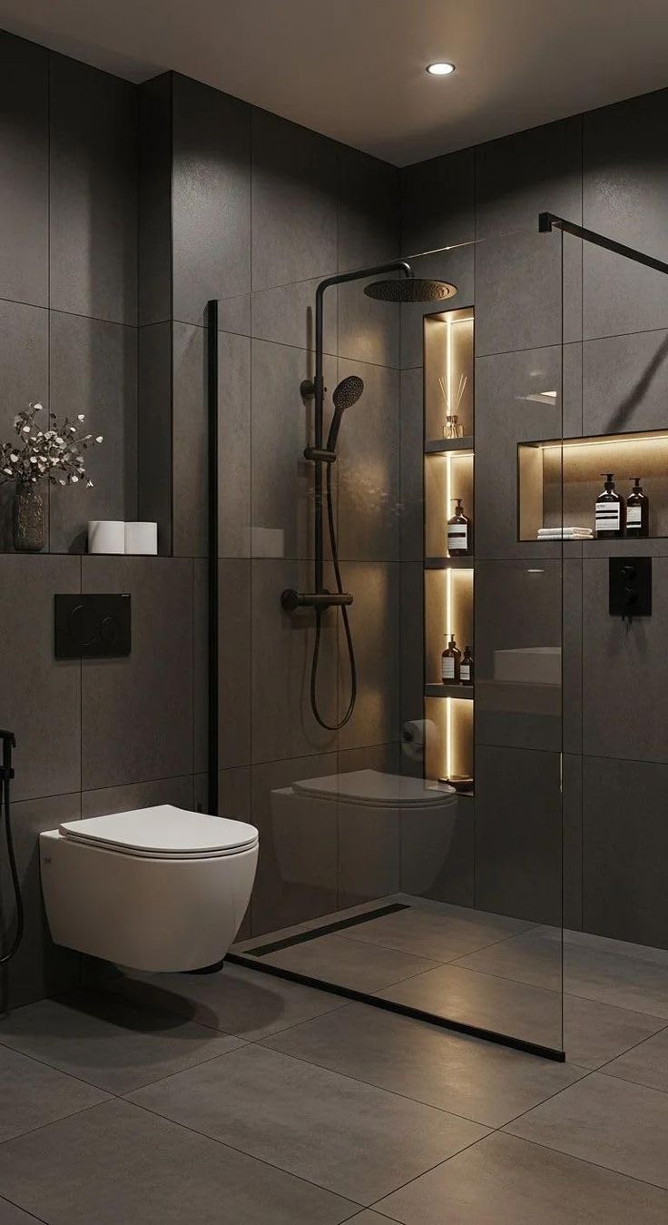 "Dark Modern Luxury Bathroom with LED Niches