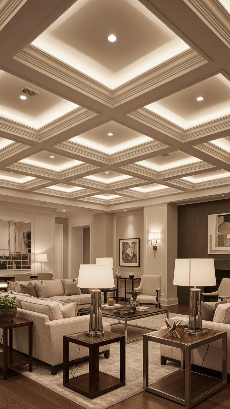 Renovated living room with ceiling and lighting